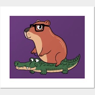 Funny Capybara Riding On a Crocodile Posters and Art